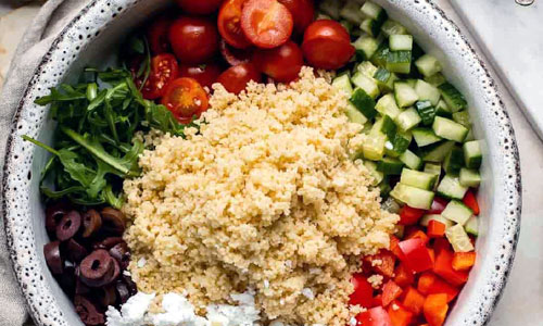 Mediterranean Couscous Bowl Classic with olives and tomatoes